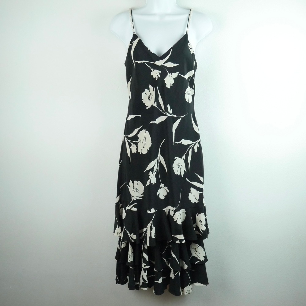 Lauren Ralph Lauren Silk Midi Dress Black Floral Ruffle Hem 6 Fairy Feminine Y2K